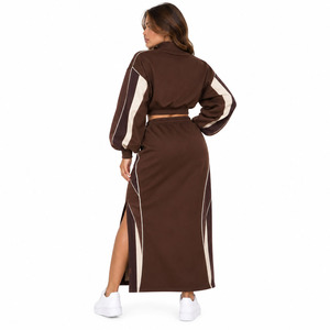 Trendy Mock Neck Crop Sweatshirt Split Hem <b>Maxi</b> <b>Skirt</b> Custom Applique Women's Colorblock Piping Tracksuit Streetwear 100% Cotton - Product Image 3