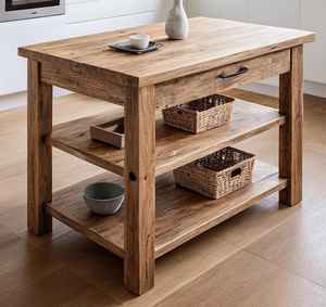 โต๊ะครัวไม้เนื้อแข็งพรีเมียมพร้อมลิ้นชักเก็บของและชั้นวางแบบเปิดสองชั้น สไตล์ฟาร์มเฮาส์ แข็งแรงทนทาน ตกแต่งห้องครัว - Product Image 3