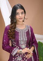 Ensemble ethnique haut de gamme Chinon avec broderie à sequins et fils multiples, comprenant un haut, un Sharara de 38 pouces à taille élastique et un Dupatta de 2,2 mètres, idéal pour les fêtes.