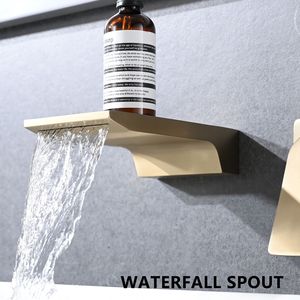 Rubinetto a Cascata Monocomando Oro Spazzolato da Parete per Lavabo Bagno - Product Image 6