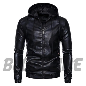 Chaqueta de Moto con Capucha de Cuero PU Negro para Hombre, Corte Ajustado, Cierre de Cremallera, Manga Larga, Color Sólido, para Otoño - Product Image 3