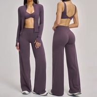 Ensemble de sport décontracté pour femme : haut court respirant à manches longues, legging et brassière de sport en polyester et élasthanne