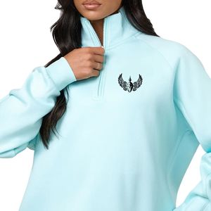 Aqua Blue Raglan Sleeve Fleece Funnel <b>Women</b> <b>Quarter</b> <b>Zip</b> <b>Sweatshirt</b> Long Sleeve Casual Streetwear Fashion Wear - Product Image 3