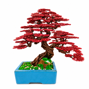 Artificial Wire Bonsai <b>Tree</b> Red Leaves Metal Sculpture Decorative Plant in <b>Blue</b> Pot - Product Image 5