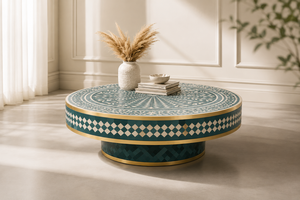 Mesa de Centro Redonda Moderna Hecha a Mano con Incrustaciones de Hueso Verde y Detalles de Latón, Madera y MDF para Sala de Estar - Product Image 1