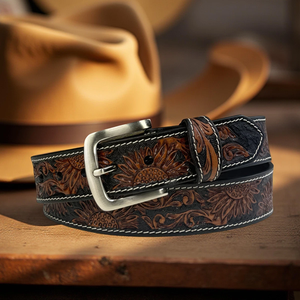 Herramienta de mano de cuero genuino de vaca marrón con grabado floral y hebilla de latón, estilo occidental - Product Image 5