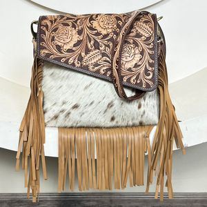 New Wholesale Fashion Women's Hand Tooled Cowhide Leather Fringe Crossbody Shoulder Handbag Luxury Designer Purse for Women's - Product Image 4