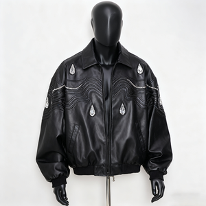 Men's Color Blocking Pattern Genuine Leather Varsity <b>Jacket</b> Stand Collar Zipper Closure Casual Winter Wear 220g - Product Image 4
