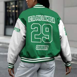 Veste universitaire personnalisée pour femmes Iota Phi Lambda, vert émeraude, lettres blanches, écusson, numéro, année, veste bomber de sororité - Product Image 2