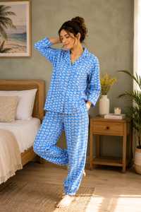 Soft 100% Cotton Woven Floral Print Blue <b>Pyjama</b> Set <b>for</b> Women | Luxury Hand Block Print Nightwear | Button Sleepwear Loungewear - Product Image 1