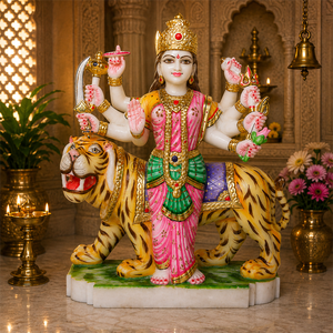 Handcrafted Marble Durga Mata Statue with Tiger | Premium White Marble Durga Maa Murti by MALIYAS Jaipur India - Product Image 1