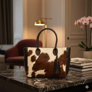 Bolso Tote de Cuero Genuino con Asa Superior y Pelo, Hecho a Mano, Estilo Vintage, Color Sólido, Cierre de Cremallera, Uso Diario para Mujer LTB-0523 - Product Image 2