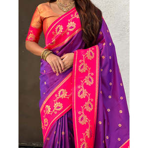 ผ้าไหมพิมพ์ลายดอกบัวสีม่วงและชมพูเนื้อนุ่มแบบอินเดียและปากีสถาน ยี่ห้อ Elite Weaves  ชุดส่าหรี ซารี - Product Image 6