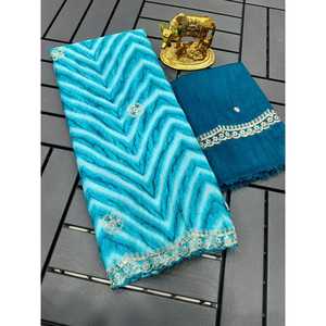 DISEÑADOR CHINON SECUENCIA DE HILO IMPRESO DE SECUENCIA TRABAJO SAREE CON BLUSA DESCOSADA SKY - Product Image 1