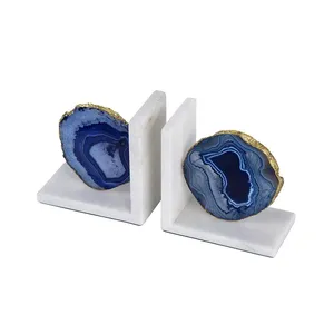 Luxury Natural Blue Agate Marble Bookends Gold Edged Crystal Stone Geode <b>Book</b> Ends Holder for Home Office <b>Study</b> Decor - Product Image 5