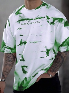 <b>Tie</b>-Dye Men's white Regular Fit Short Sleeve O-Neck Formal T-Shirt Front Logo Print 100% Cotton <b>Knitted</b> Loose Fit Oversized - Product Image 5