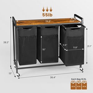 Cesto Portabiancheria Pieghevole con 3 Sacchi Estraibili Rimovibili, Scaffale per la Classificazione dei Vestiti, Ruote e Piedini Regolabili, 3 x 8,6 Galloni - Product Image 5