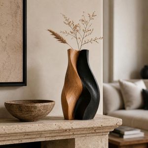 Vase de table en bois fait main, design Art Déco, finition bois noir et naturel, décoration moderne pour la maison, idéal pour les mariages et les fêtes de pendaison de crémaillère - Product Image 3