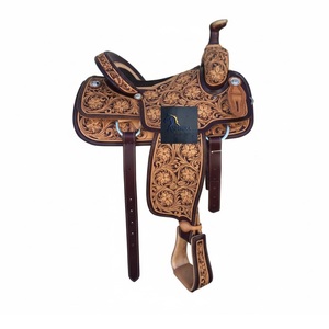 Western Brown Leather Barrel Racing Horse Saddle Tan Floral Hand Tooled Design Hard Seat SS Fitting With Tack Set 10"-18" Inch - Product Image 1