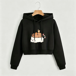 Women's Black Hoodie Cartoon <b>Cat</b> Coffee Print Cotton Knitted Casual Autumn Style Front Logo Short Length Regular Sleeve - Product Image 1