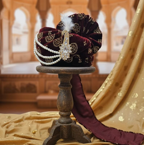 Turbante de Terciopelo Marrón Hecho a Mano al por Mayor para Novio, Pagri de Boda India con Perlas, Kalangi, Tocado Real Rajasthani para Ceremonia de Boda - Product Image 3