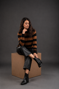 Pull en maille torsadée rayé imprimé sur le devant pour femme, col rond, manches longues, en coton et élasthanne, style décontracté coréen, collection automne - Product Image 5