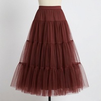 Jupe en tulle bordeaux pour femme, taille élastique, coupe trapèze, longueur genou, à volants, plissée, couleur unie, en organza et mousseline