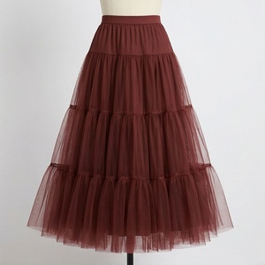 Women's Burgundy Tulle <b>Skirt</b> <b>Elastic</b> <b>Waist</b> A-Line Knee-Length Ruffles Pleated Solid Color Organza Chiffon Dressing <b>Skirt</b> - Product Image 1