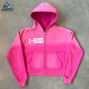 Vente en gros de sweats à capuche zippés pour hommes, avec bordure de capuche cloutée, impression de numéro sur la poitrine, style Y2K, fermeture éclair intégrale, streetwear, veste à capuche en polaire - Product Image 4