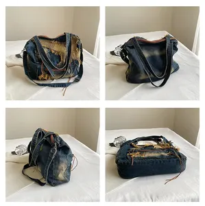 Bolso de hombro de mezclilla Y2k para mujer, bolso de mensajero vintage lavado y desgastado, bolso de mano de gran capacidad para mujer - Product Image 4