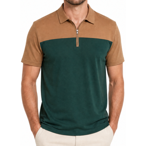 Polo elegante para hombre con bloques de color y cremallera de un cuarto, manga corta, estilo casual, verde y marrón, diseño sólido, corte regular - Product Image 1