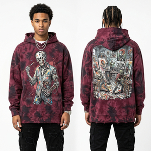 Sweat à capuche tie-dye bordeaux personnalisé pour homme, imprimé graphique squelette artistique, délavage vintage, coupe oversize, streetwear, fournisseur de vêtements - Product Image 1