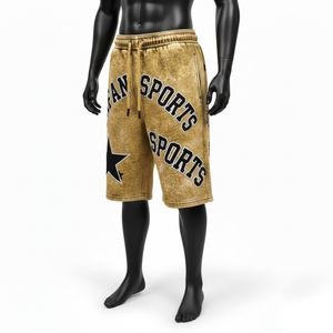 กางเกงขาสั้นผ้าฝ้ายฟลีซพรีเมียม 340 GSM ล้างสีแบบแอซิดวอช สีมัสตาร์ด แต่งโลโก้ปักเชนิลล์สไตล์วินเทจสำหรับผู้ชาย - Product Image 4