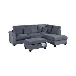 Set Divano Sezionale Contemporaneo in Velluto a Coste Grigio Scuro 3 Pezzi con Chaise Longue e Pouf per Soggiorno - Product Image 2