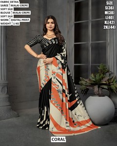 Sari en crêpe Malai blanc de luxe pour femmes - Sans plis, anti-humidité, idéal pour les fêtes de Diwali - Product Image 1