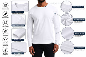 <b>Men's</b> <b>White</b> O-Neck <b>Long</b> <b>Sleeve</b> T-<b>Shirt</b> Solid Color Casual Crewneck Pullover Top 100% Cotton Polyester Premium Quality T <b>Shirt</b> - Product Image 5