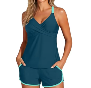 Ensemble de maillots de bain deux pièces pour femmes : Haut tankini à col en V croisé et short de bain, tenue de bain modeste, vêtements de bain actifs, OEM ODM - Product Image 1