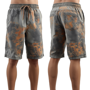 Shorts décontractés pour hommes, respirants, taille mi-haute, avec cordon de serrage, en coton, longueur genou, motif flamme abstrait, effet délavé vintage - Product Image 4