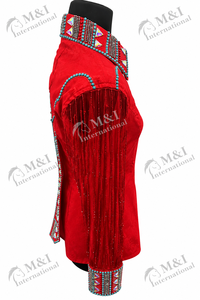 Chemise de cow-boy rouge personnalisée légère avec embellissement par boutons, manches à franges et fermeture éclair haute pour femme, idéale pour l'équitation et le rodéo - Product Image 3