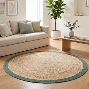 Tapis rond en jute tressé de 120 cm avec bordure à franges bleues, tapis de sol décoratif en fibres naturelles - Product Image 3
