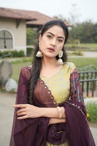 Ensemble de lehenga en soie pour femmes, broderie Zari, tissage Kalamkari, bordure contrastée |   Écharpe de 3,5 mètres |   Dupatta en tissu sergé fait main - Product Image 2