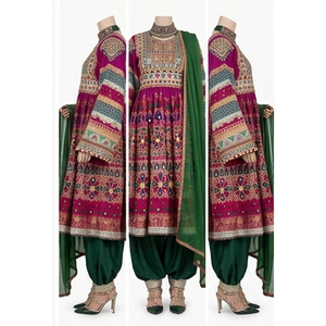 Vestido Tradicional Salwar Kameez para Mujer, Largo hasta el Tobillo, de Algodón Bordado, Verde y Rosa, Ropa Étnica, Traje de Boda, Vestido Afgano Kuchi - Product Image 3