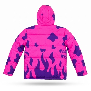 Veste matelassée à capuche imprimée flamme rose et violette, manteau d'hiver à fermeture éclair, logo personnalisé, capuche amovible, 100% polyester - Product Image 2