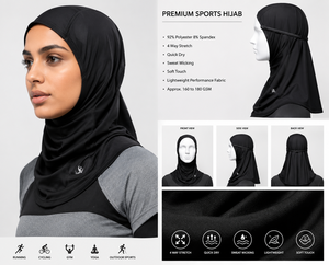 Premium Sports Hijab Women Black Plain Long Lightweight Polyester Performance Fabric 4 Way Stretch Breathable Quick Dry Sweat - Product Image 1