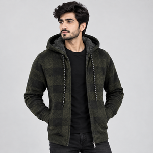 Veste à capuche tricotée pour homme, pull à carreaux zippé, cardigan décontracté d'hiver, veste chaude streetwear tendance - Product Image 1