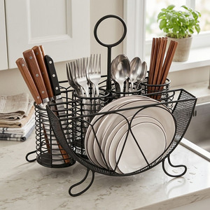 Organizador de Cubiertos Metálico con Portacuchillos, Portaplatos y Cesta para Utensilios, Estilo Industrial, Cesta de Almacenamiento Multifuncional - Product Image 3