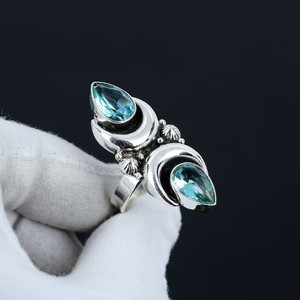 Anillo de Plata de Ley 925 con Topacio Azul Natural, Diseño de Luna Doble, Hecho a Mano, Gema en Forma de Pera, Estilo Celestial Vintage, Venta al por Mayor - Product Image 3