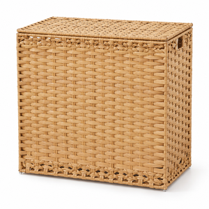 Panier à linge ovale en rotin naturel tressé, écologique, classique, multi-usages, avec couvercle et doublure en tissu amovible - Product Image 1