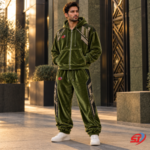 Ensemble de survêtement en velours premium Olive Velvet District 280 GSM avec strass et cristaux, comprenant un sweat à capuche et un pantalon ample, pour un look décontracté et tendance. - Product Image 3