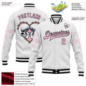 Custom Punk Style Varsity <b>Jacket</b> <b>Men</b> <b>White</b> Pink Skull Heart Print Digital Printed Polyester/Cotton Baseball <b>Jacket</b> Plus Size - Product Image 2
